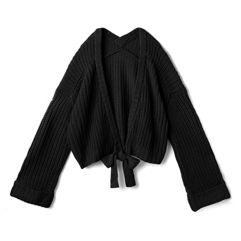 日本 GRL - 寬袖開襟蝴蝶結綁帶針織外套-黑