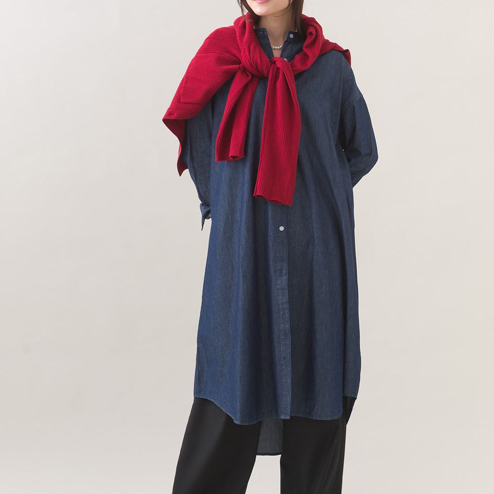 柔軟丹寧風輕盈圓弧下擺長袖洋裝-深藍