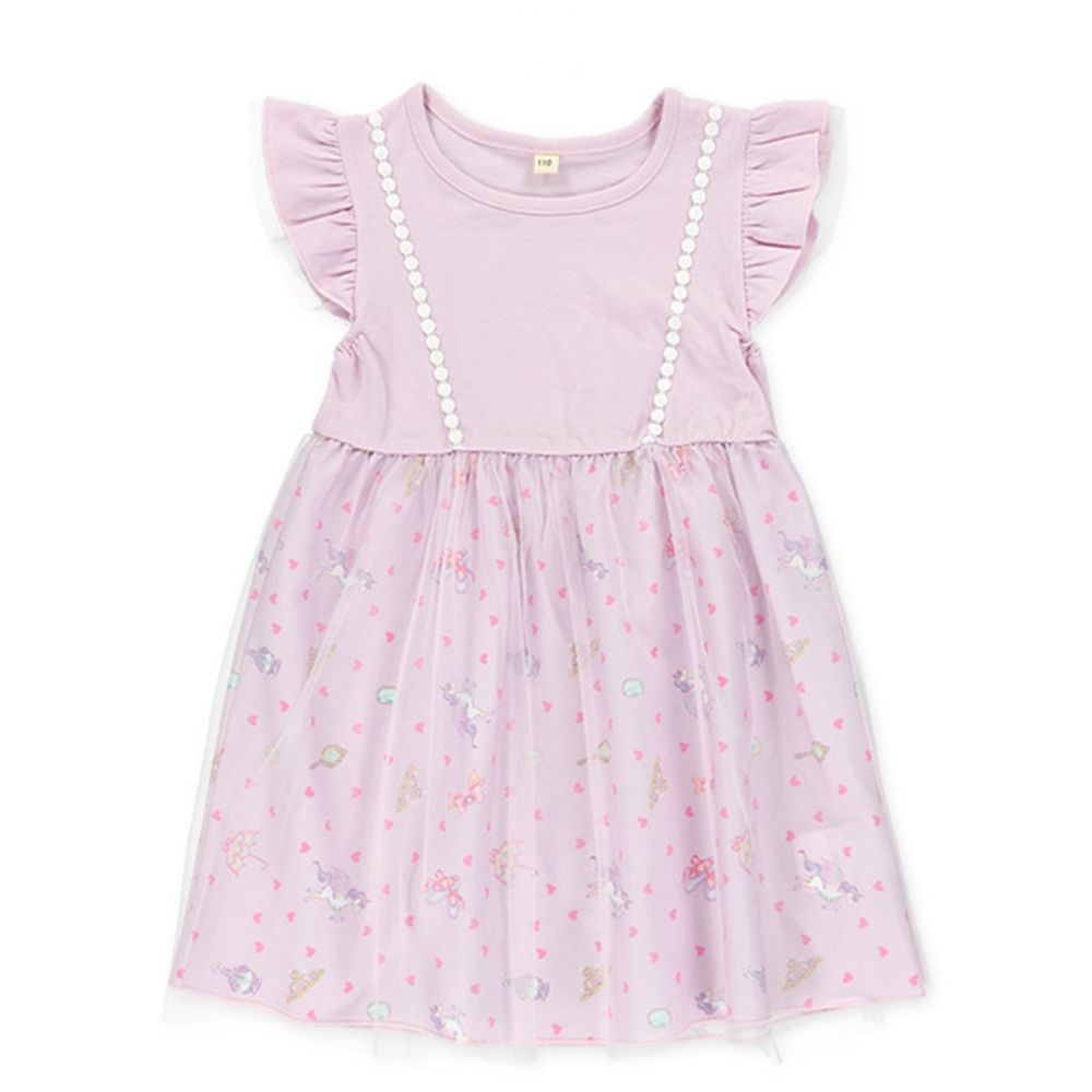 印花薄紗拼接荷葉短袖洋裝-獨角獸-粉紅