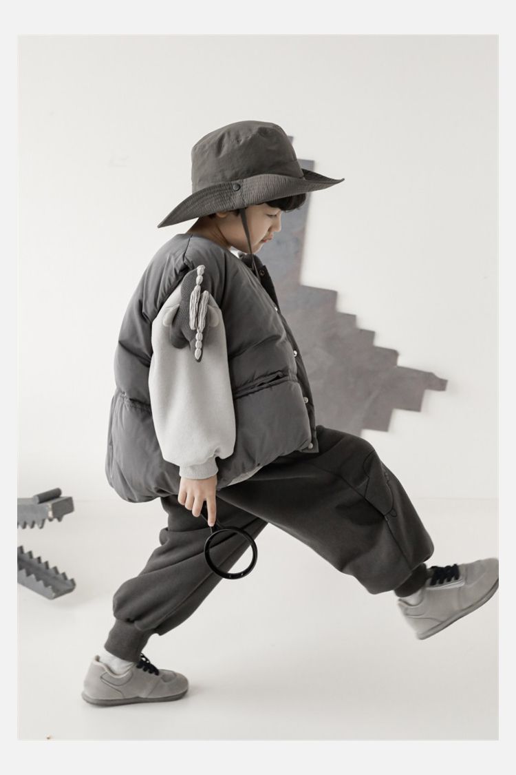 TONGMO - (加絨)腰鬆緊休閒束口長褲-描邊恐龍-深灰色