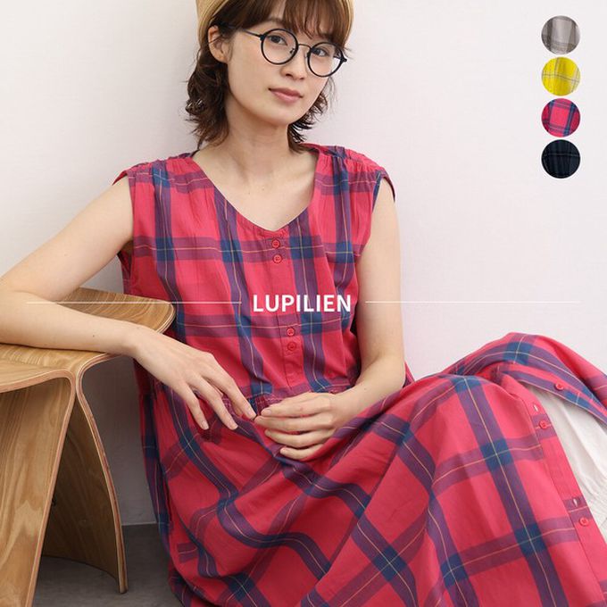 日本 Lupilien - 100%印度棉 清爽格紋開襟無袖洋裝-炭黑