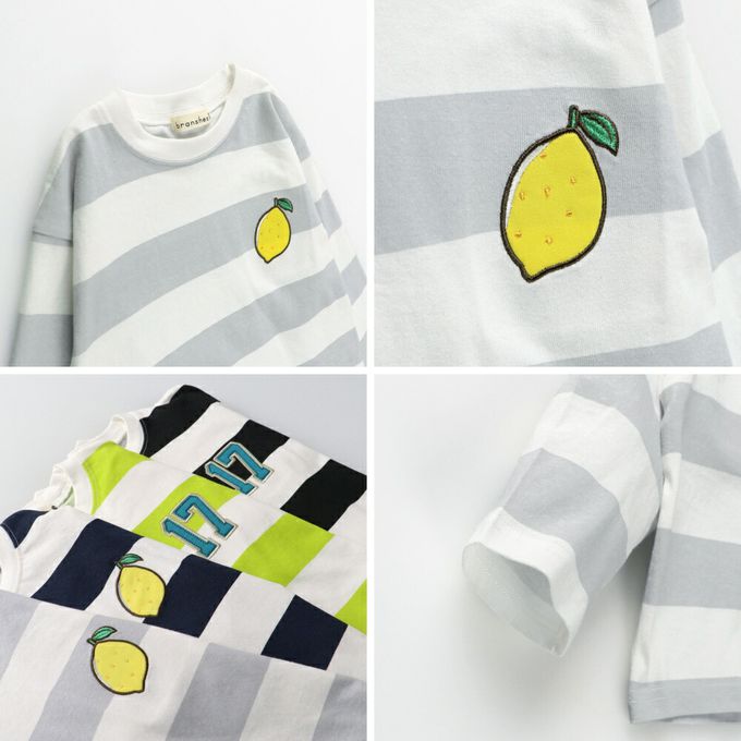 日本 BRANSHES - 休閒粗橫條落肩長袖上衣-檸檬-灰