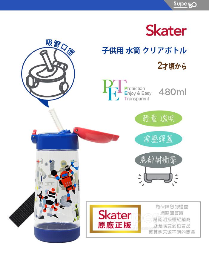 日本 SKATER - PET吸管水壺(480ml)-機器戰士