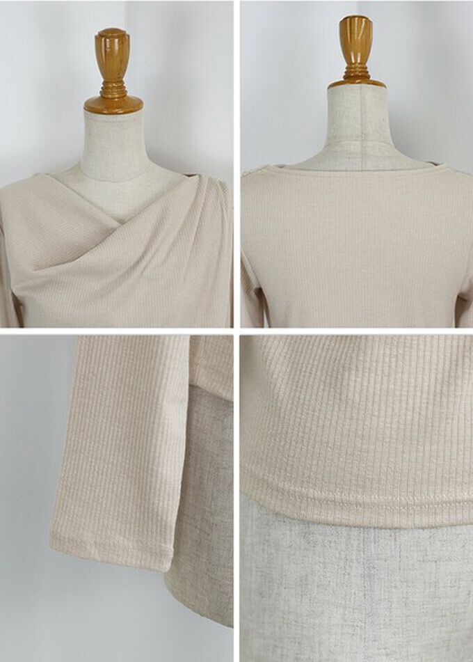 日本 BLUE EAST - 顯瘦V領垂墜感羅紋長袖上衣-淺卡其