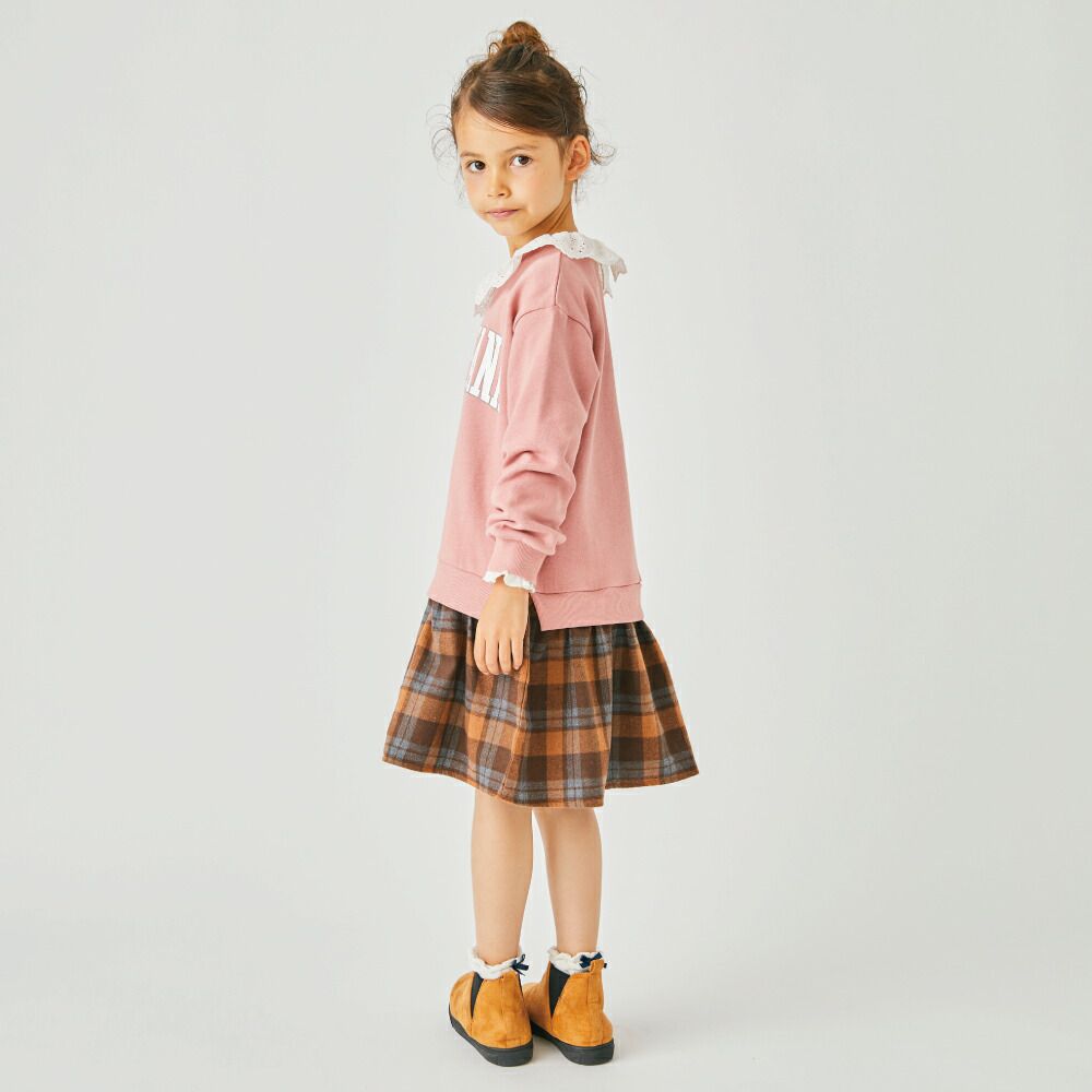 日本 evercloset - 大學風格子拼接長袖洋裝-粉紅x棕格紋