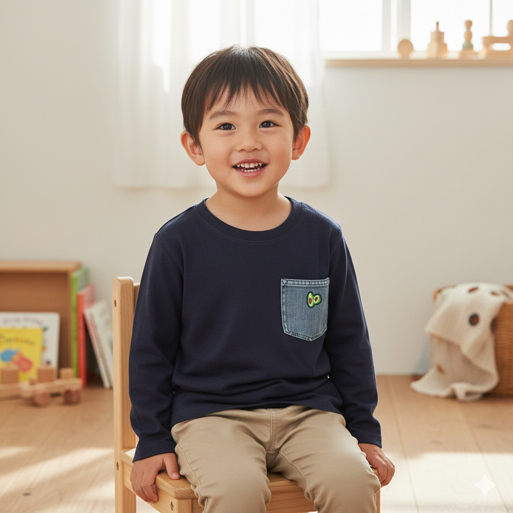 T恤-丹寧布口袋-深藍色