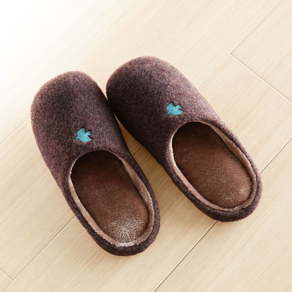 日本千趣會 - 北歐刺繡 絨毛保暖室內拖鞋(低反發)-小鳥-咖啡