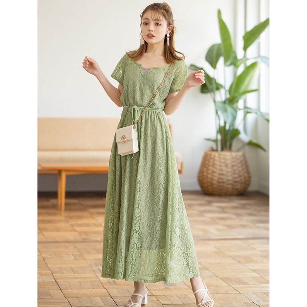 日本 GRL - 雜誌揭載 低調奢華蕾絲短袖洋裝-清新綠