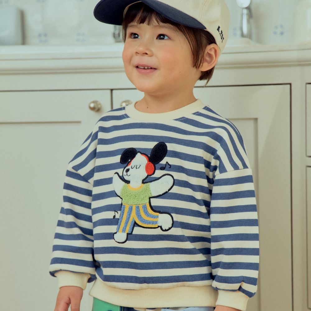 First Blue 毛圈立體刺繡條紋長袖大學T-音符小狗-藍