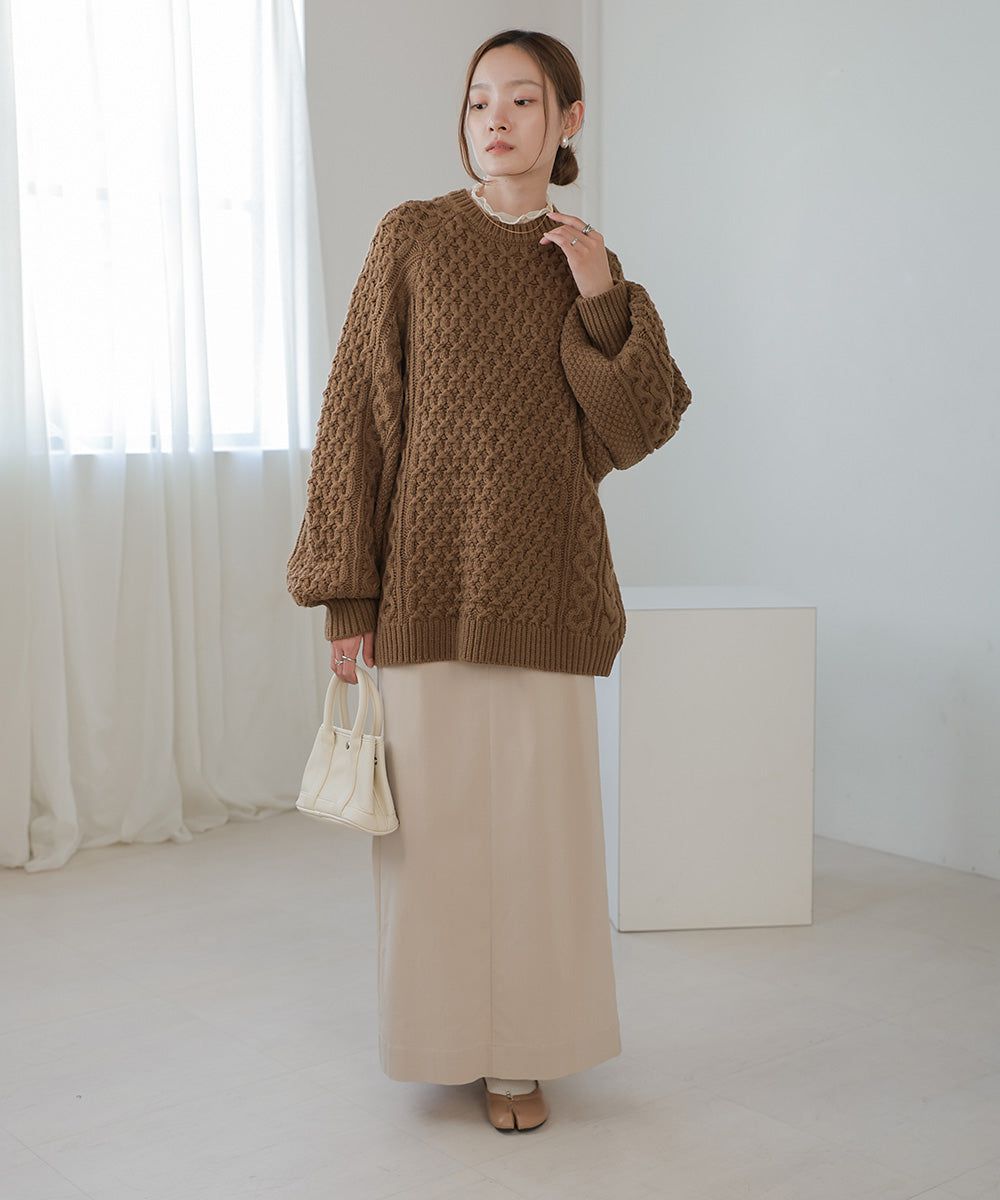 日本 Bab - 麻花編織大寬袖針織上衣-炭灰