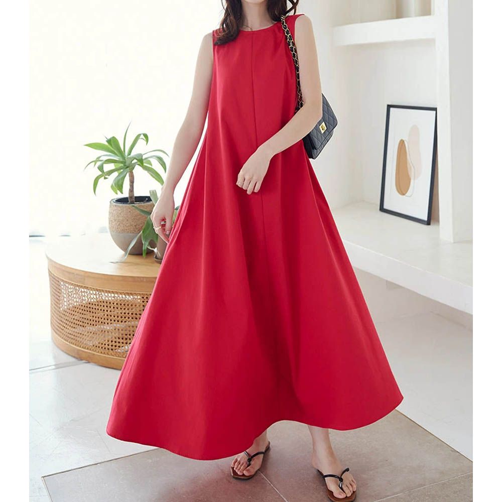 時尚休閒A字傘狀無袖洋裝-紅