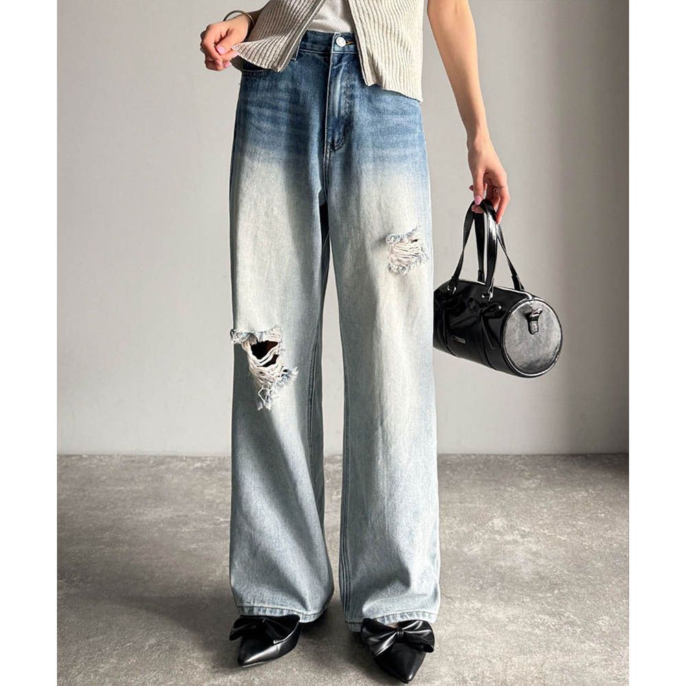 Java 率性有型刷破寬版丹寧褲-漂白藍