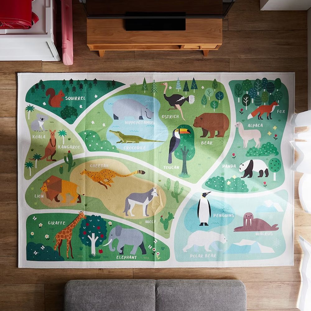 日本千趣會 - 邊學邊玩！可機洗細絨兒童地毯-動物園 (120×180cm)