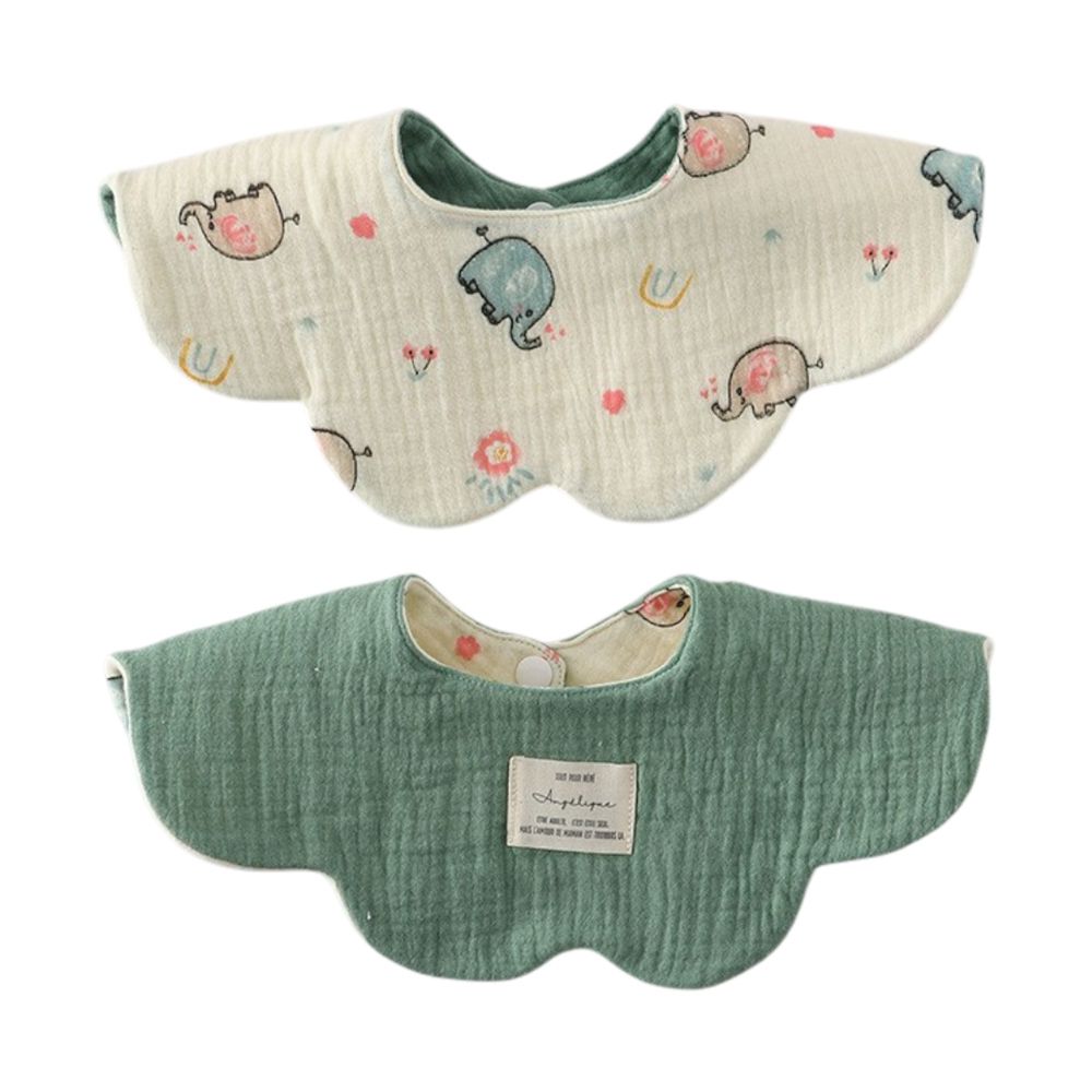 2條入-六層紗吸水圍兜 花型圍兜 兩面皆可用 純棉-彩萌象/草綠+隨機1條 (24.5*25cm)