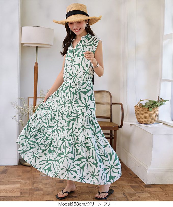 日本 Kobe Lettuce - 迷人渡假風純色印花無袖洋裝-藍 (F)