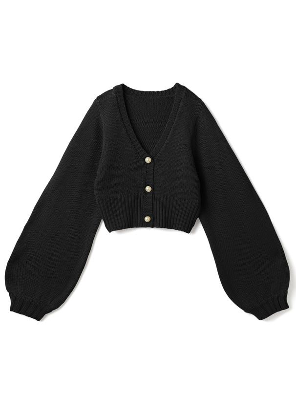 日本 GRL - V領珍珠釦泡泡袖針織外套-淺粉紫 (F)