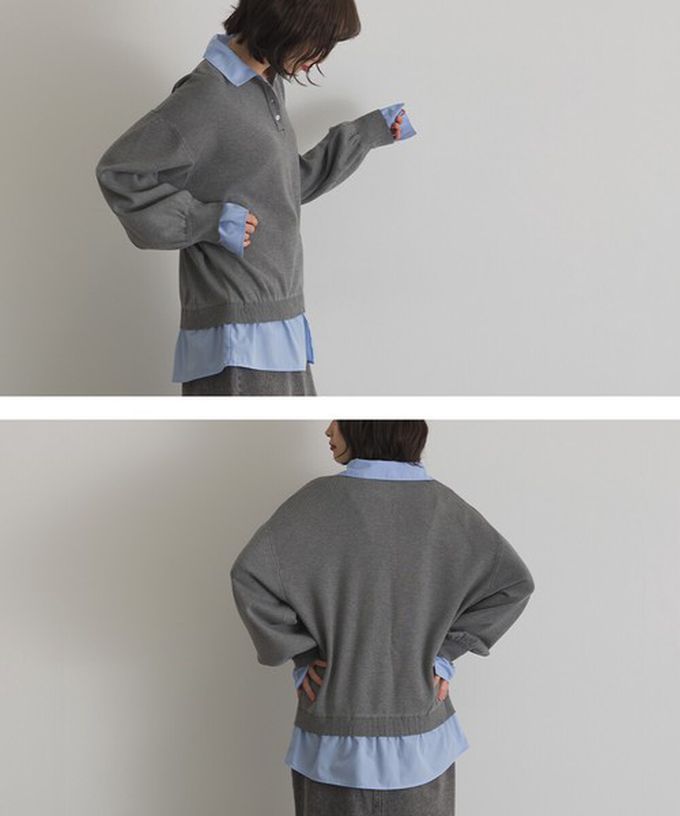 日本 ELENCARE DUE - 假二件襯衫領輕盈落肩長袖上衣-藍灰條紋