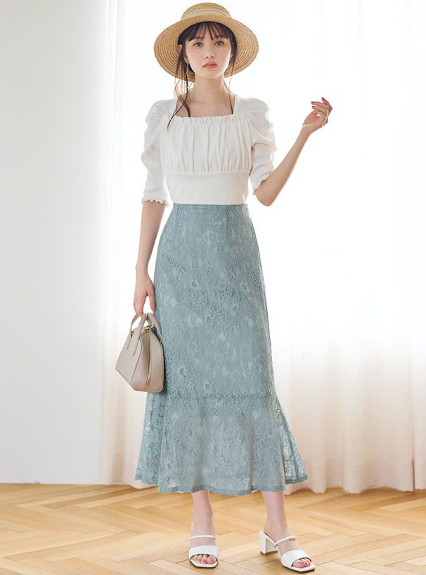 日本 GRL - 古典優雅蕾絲魚尾長裙-星塵粉