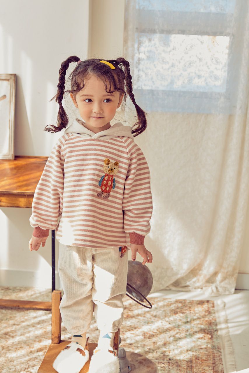 韓國 Mimico - (裏起毛)立體熊熊條紋連帽T-暗粉