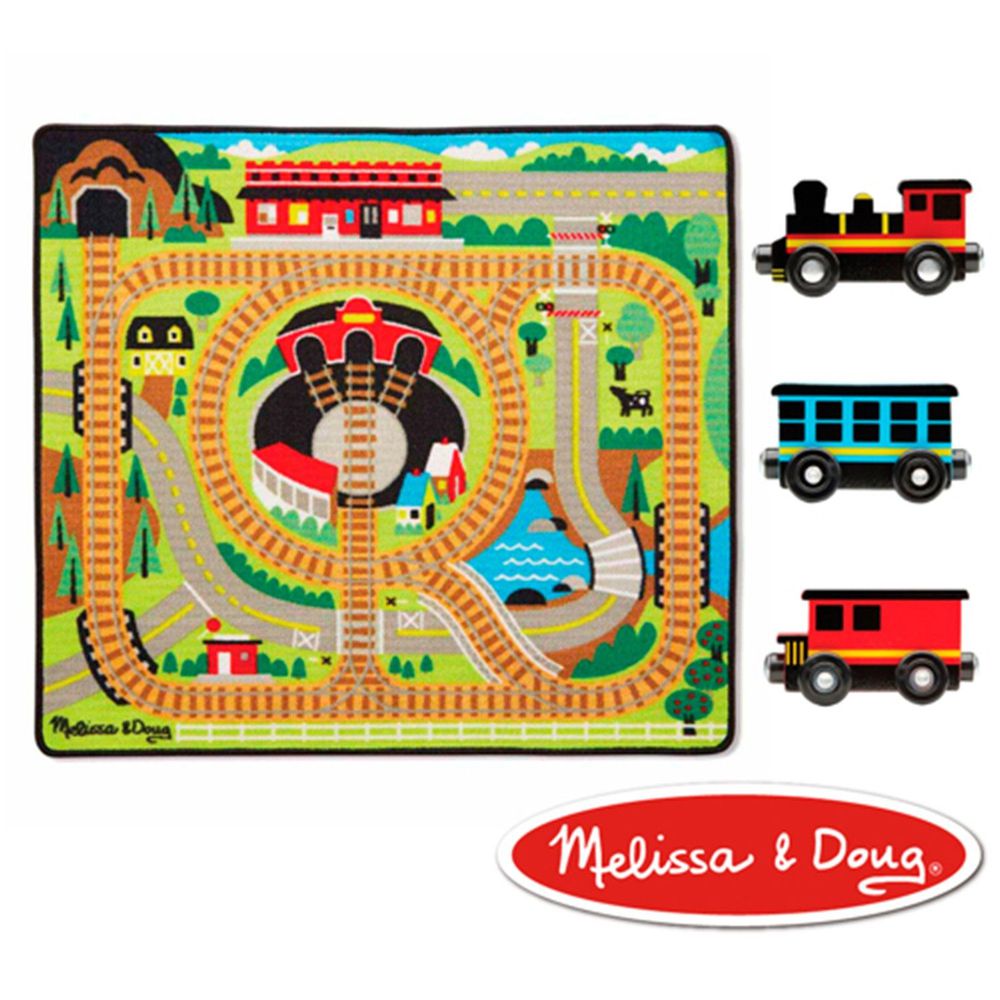 美國瑪莉莎 Melissa & Doug - MD 交通遊戲-地墊,可愛火車環繞鐵路 (100cmX91cm)-內含火車玩具x3