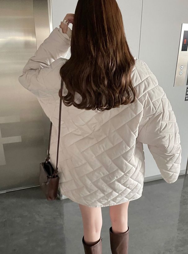 日本 GRL - 圓領寬鬆休閒絎縫夾克-象牙白