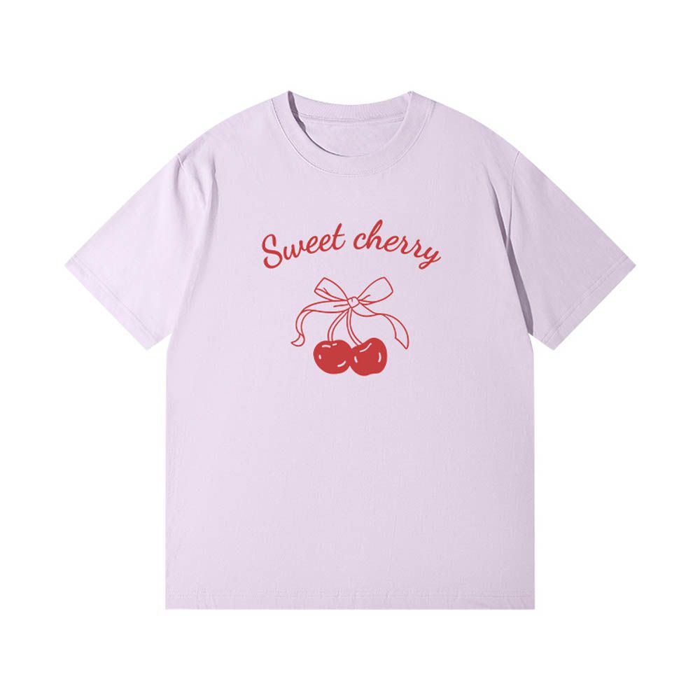 純棉寬版印花T恤-紅色櫻桃-紫色