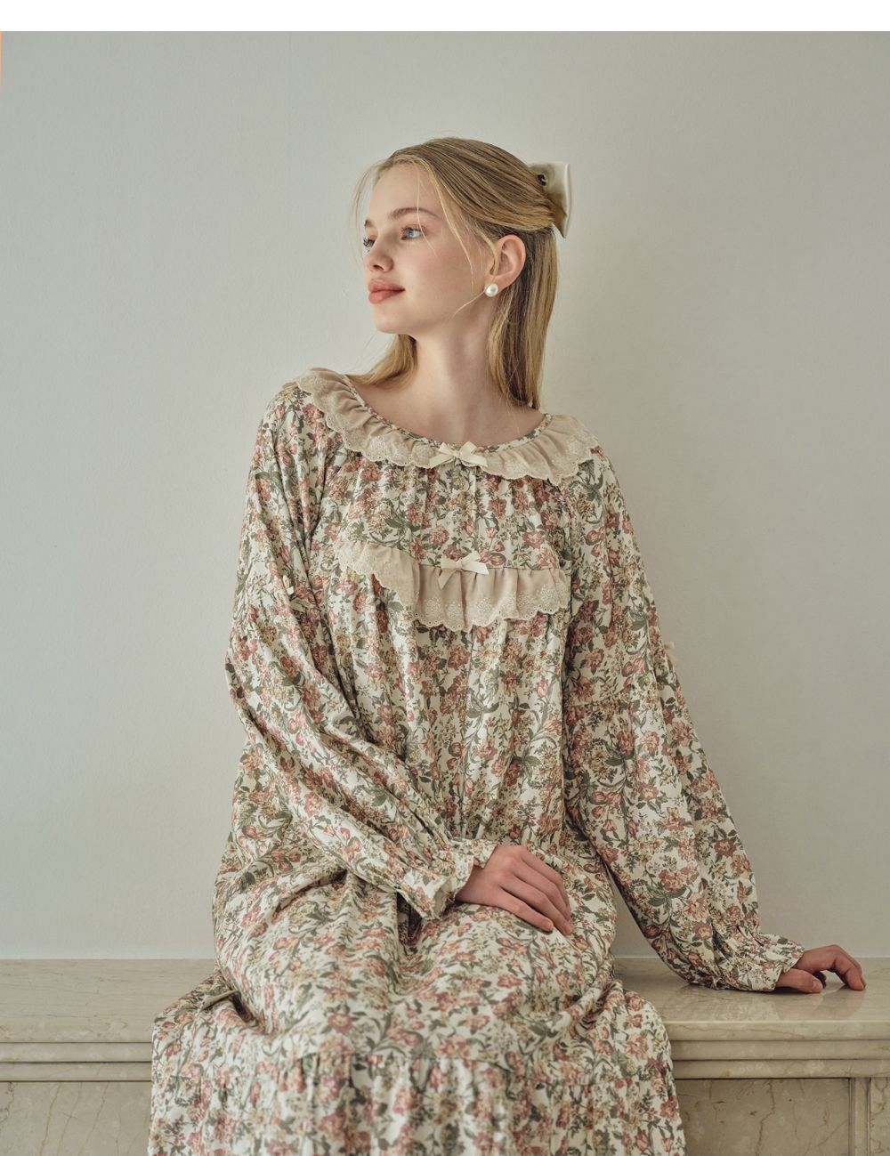 韓國 ULLALA - 絕美公主純棉長袖睡衣-(洋裝式)-奶油色 (FREE)