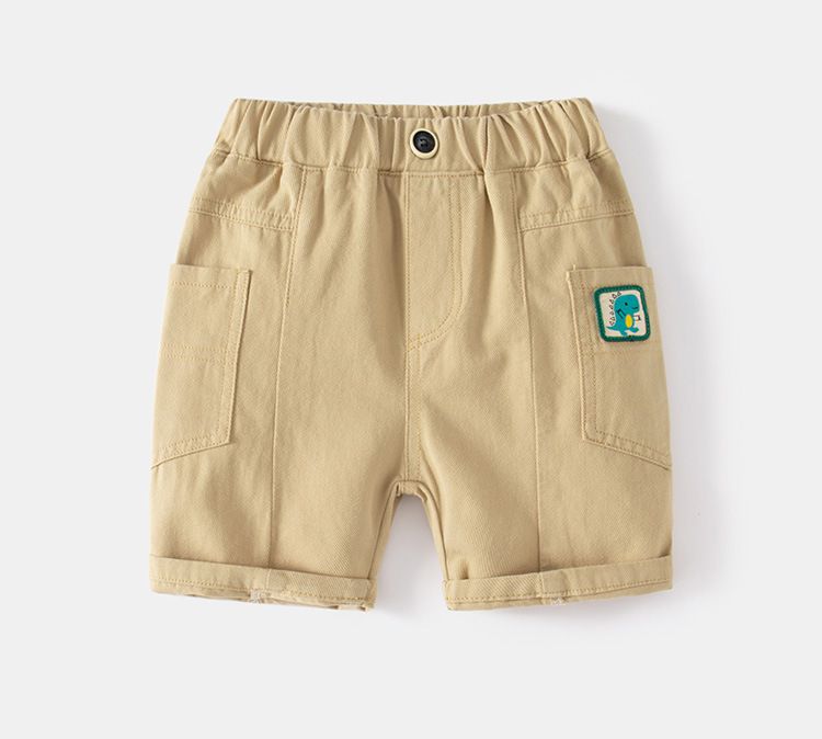 WELLKIDS - 腰鬆緊休閒五分褲-恐龍小標籤-卡其色