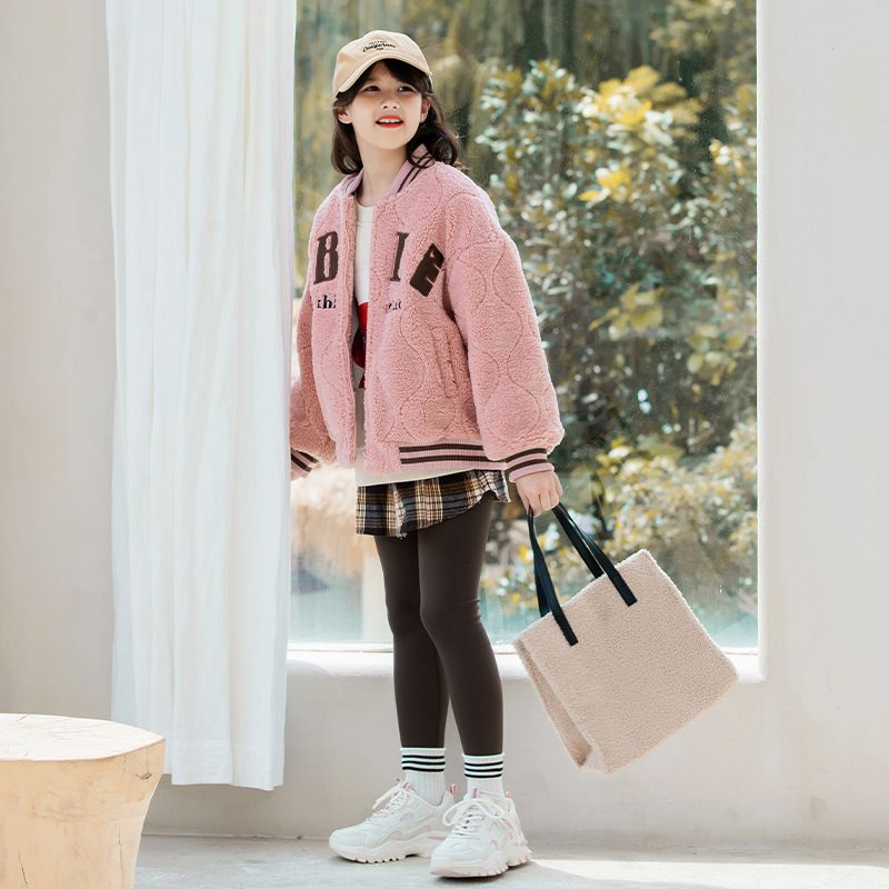 加厚羊羔絨棒球外套-粉色