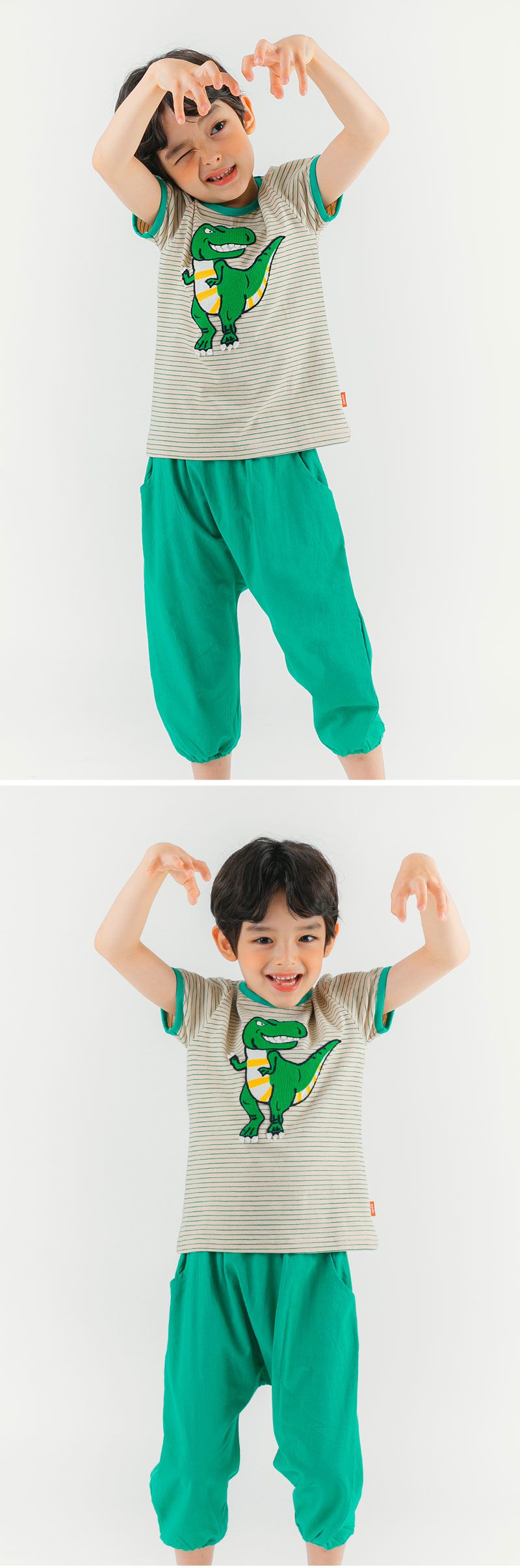 韓國 OZKIZ - 細條紋綠暴龍套裝-綠X卡其