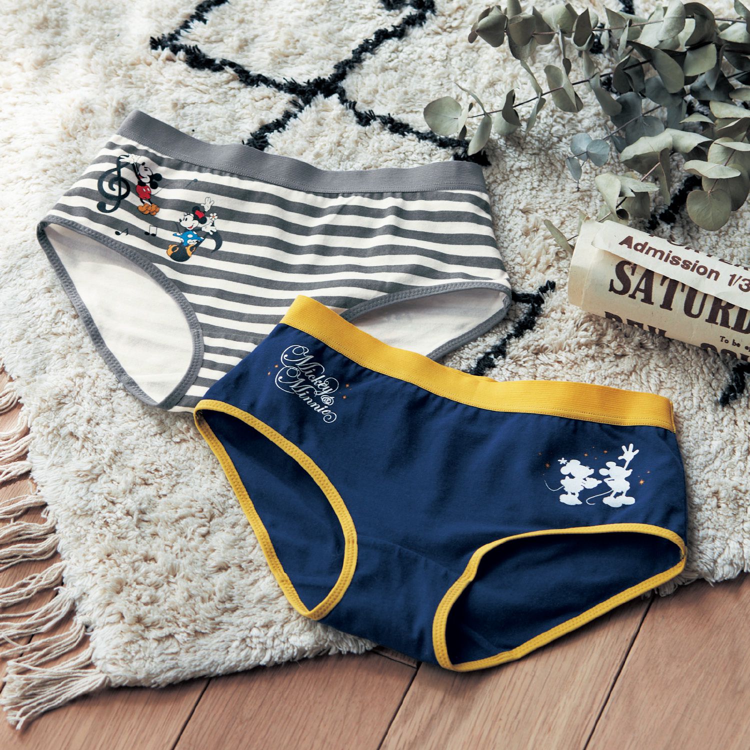 日本千趣會 - 迪士尼印花純棉內褲兩件組(媽媽)-米奇米妮-剪影藍與橫條灰