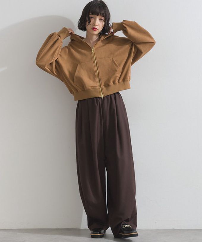 日本 ELENCARE DUE - 輕盈絨皮感雙拉鏈短版連帽外套-炭灰