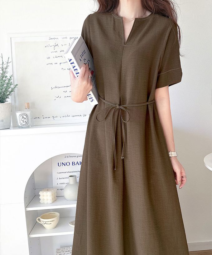 日本 Classical Elf - 鑰匙領綁帶休閒感縫線短袖洋裝-深藍