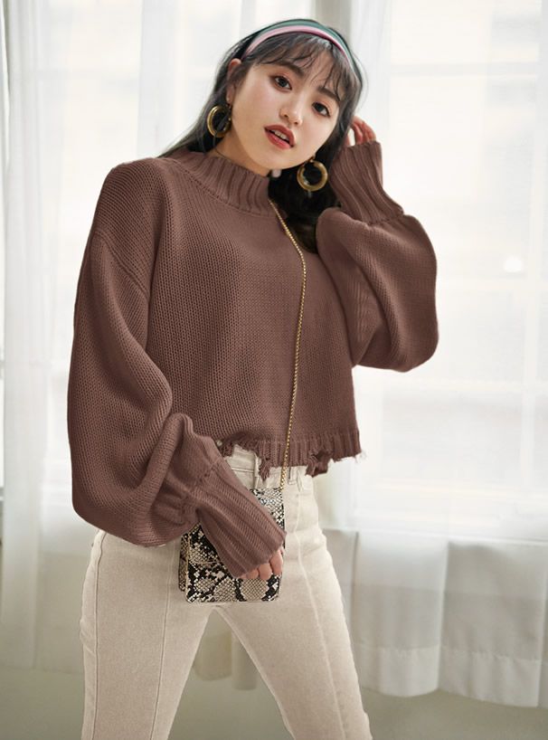 日本 GRL - 不修邊抓鬚澎袖立領毛衣-黑