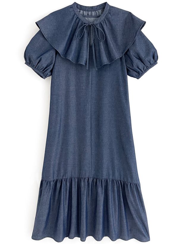 日本 GRL - 文藝少女荷葉領綁帶短袖洋裝-丹寧藍 (F)