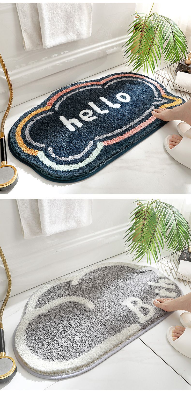 快速吸水植絨浴室腳踏墊-Hello雲朵-灰色 (45x75cm)