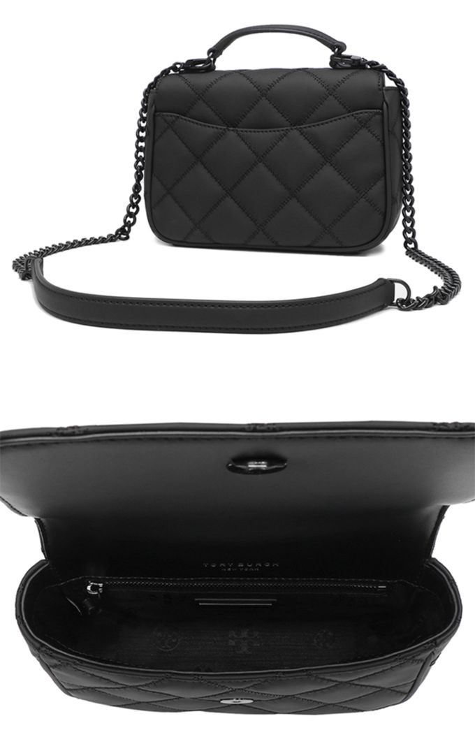 Tory burch - 菱格紋皮革翻蓋斜背包-霧黑