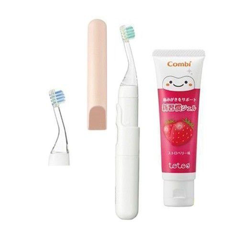 日本 Combi - teteo 幼童電動牙刷-1 + 1 實用組-電動牙刷-香檳粉x1+替換刷頭x1+草莓牙膏x1(含氟量500ppm)