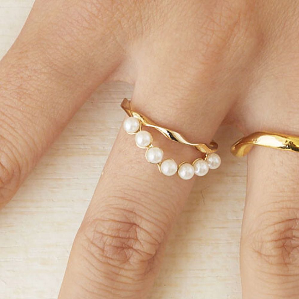 日本製 珍珠雙層流暢曲線戒指-13號戒圍-金