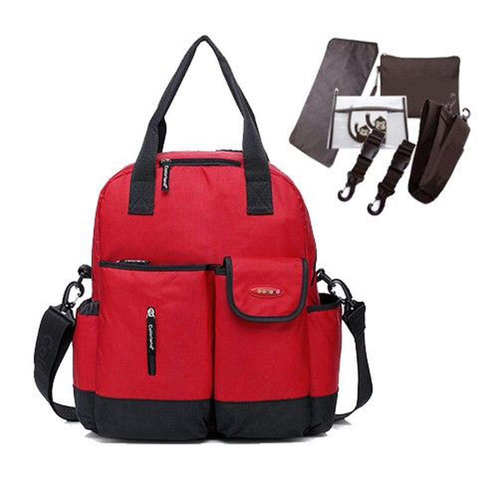 Colorland - 『一包四用款』大容量媽咪包-買一送五-紅色-五件組(車掛扣+濕物袋+隔尿墊+斜背帶+隨身物品包)
