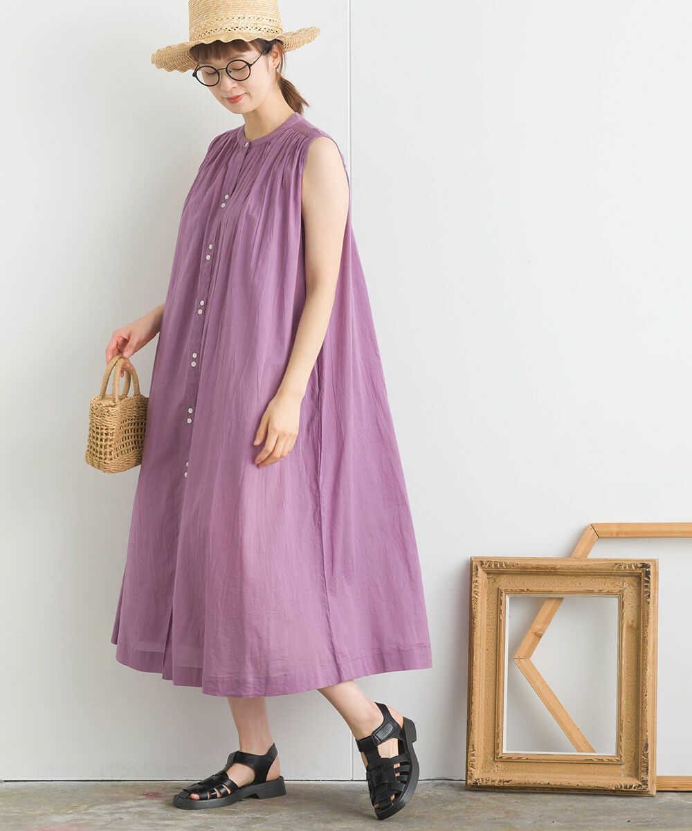 日本女裝代購 - 100%印度棉 涼爽輕盈排扣無袖洋裝-薰衣草
