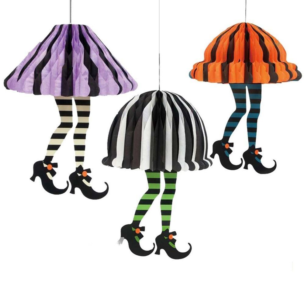 MODACore 摩達客 - 萬聖節派對-時尚蜂窩式立體裙子紙燈籠吊飾三入組(紫黑+綠黑+橘黑)-一組三入