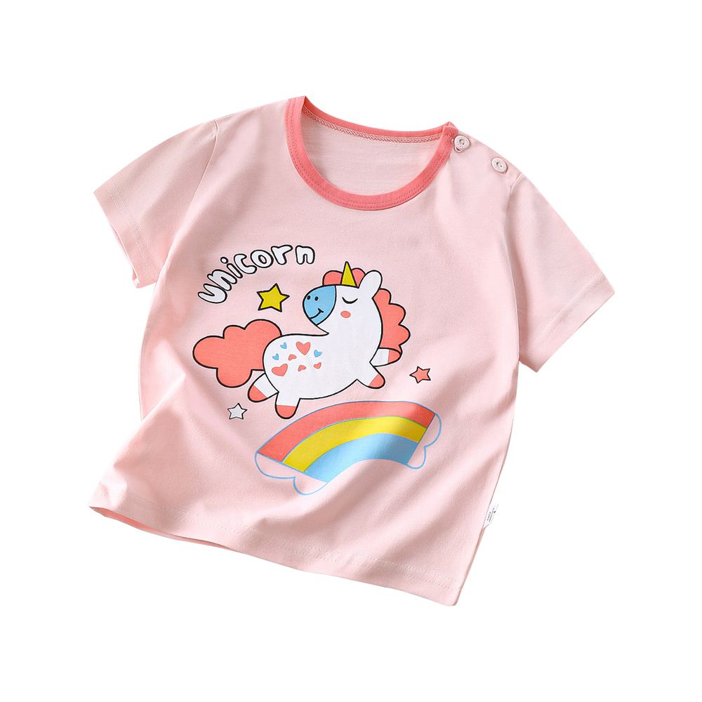 兒童短袖上衣 圓領肩扣寶寶短袖上衣 春夏童裝 透氣短袖上衣-星星馬兒