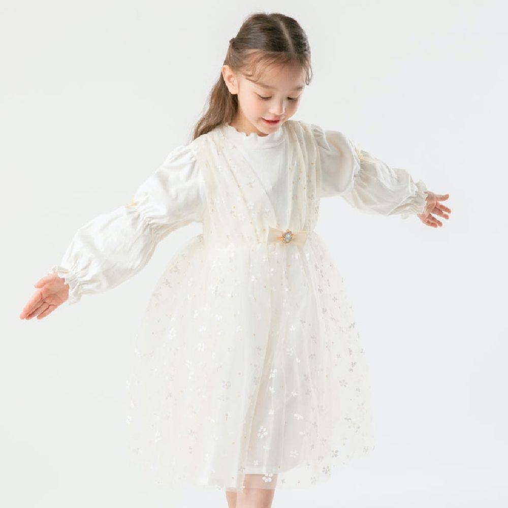 韓國 OZKIZ - 優雅白花點綴網紗連身洋裝-白