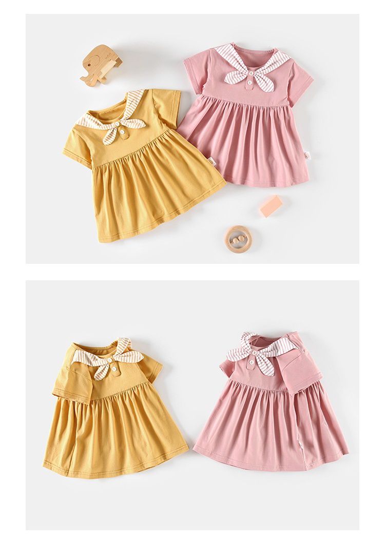 短袖連身洋裝-條紋裝飾領-粉色