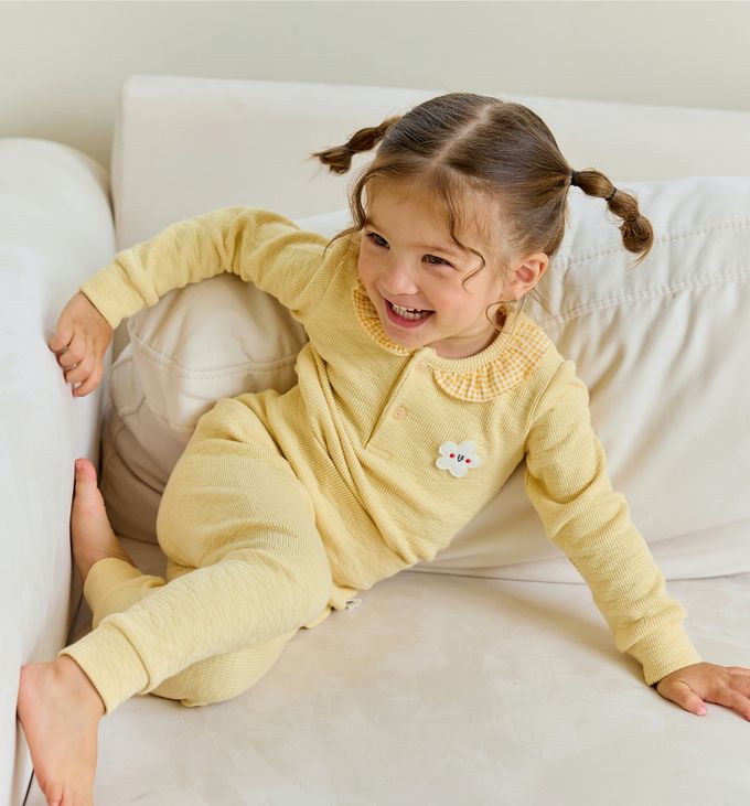 韓國 Cordi-i - 彈性腹卷睡衣套裝-荷葉領-黃