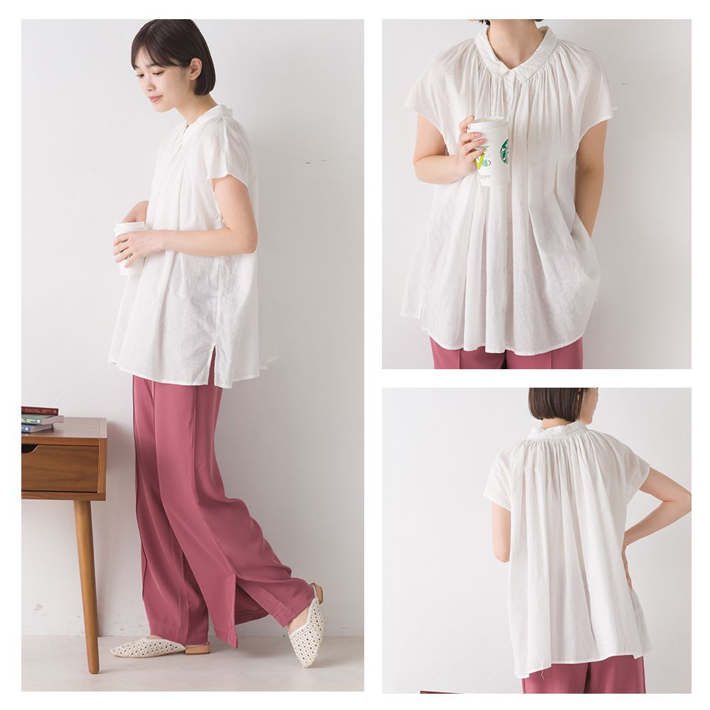 日本 OMNES - 微透膚棉麻涼爽短袖上衣-深灰