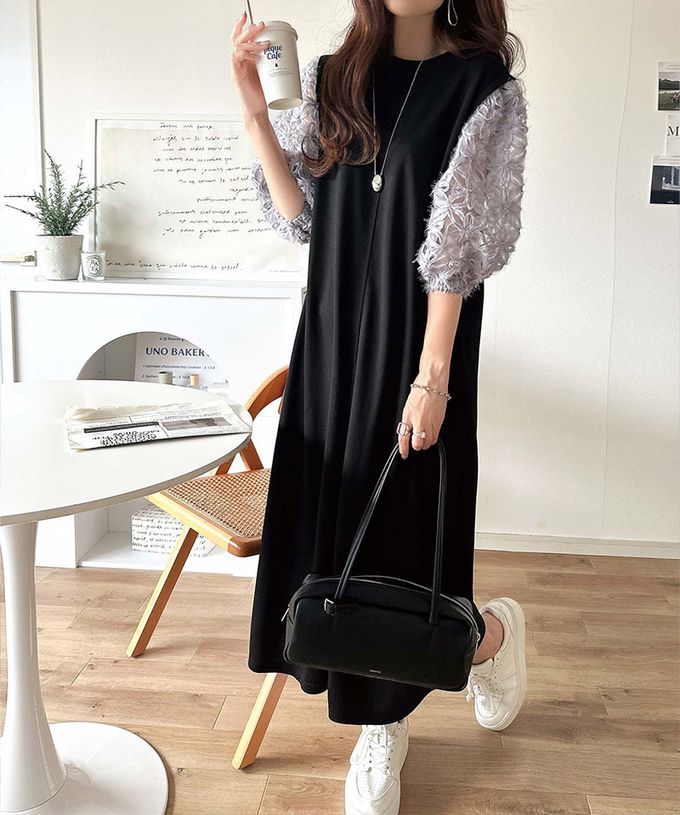 日本 Classical Elf - 夢幻薄紗緹花泡泡袖洋裝-黑x灰藍