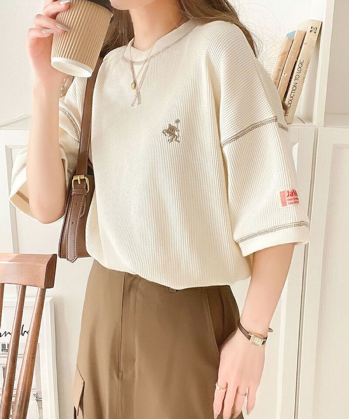 日本 Classical Elf - Java 華夫格落肩刺繡logo上衣-炭灰