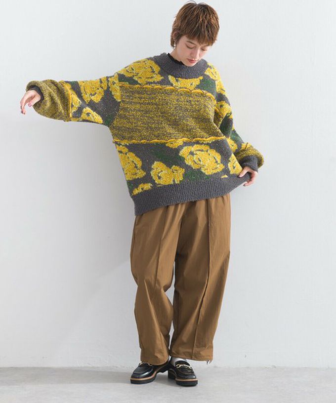 日本 Lupilien - 毛茸感華麗大花朵針織上衣-炭灰x黃